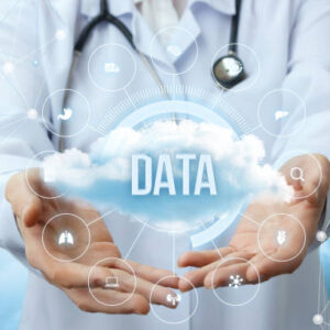 Medical worker shows the data cloud on blurred background.